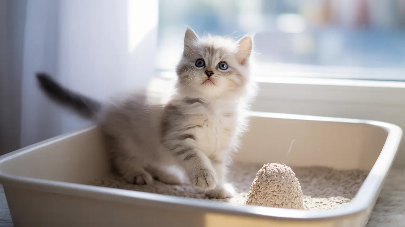 A fluffy white and gray kitten sitting in a litter box near a window