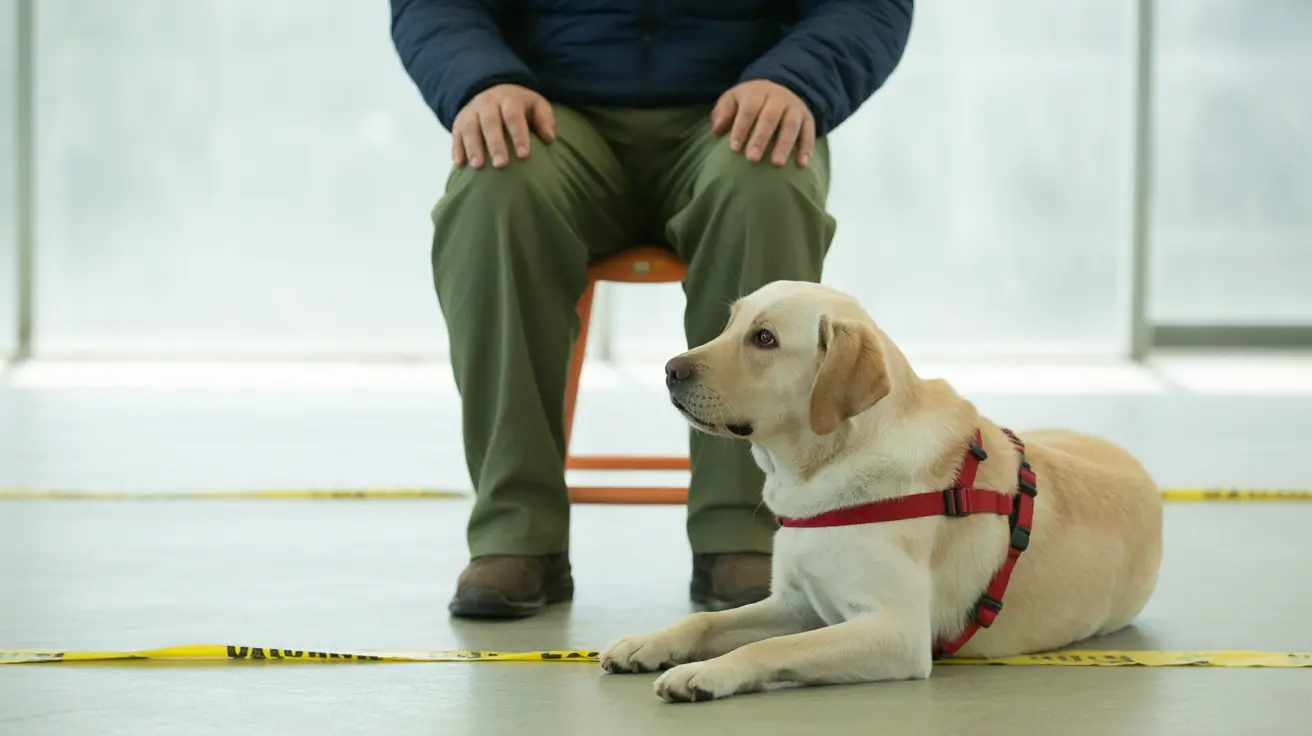 Service dog sitting calmly beside a person indoors