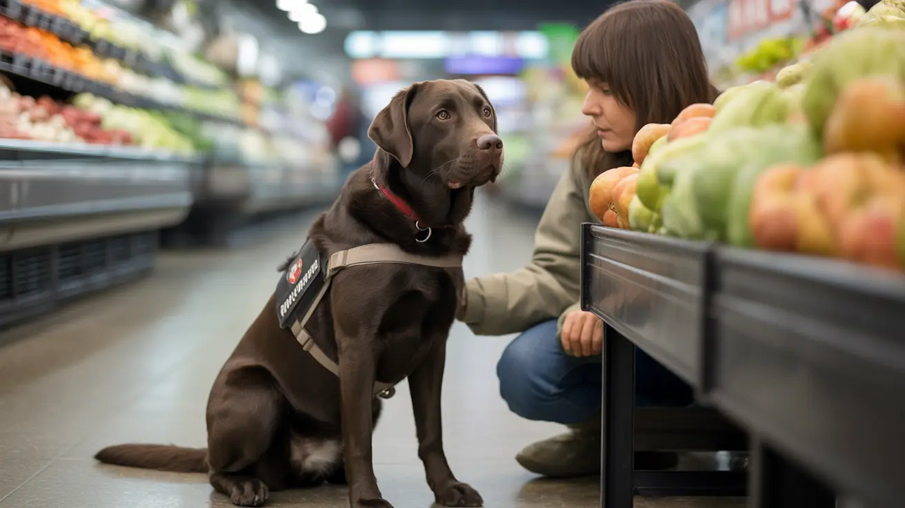 Un Labrador Retriever chocolate con arnés de perro de servicio sentado tranquilamente junto a una mujer arrodillada seleccionando frutas y verduras en una tienda de comestibles.