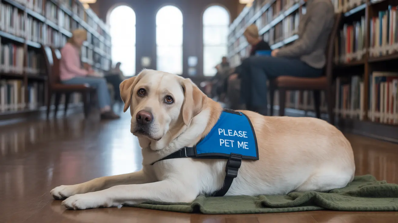 Um amigável Labrador Retriever vestindo um colete azul escrito 'POR FAVOR, FALE COMIGO' deitado sobre um cobertor verde em uma biblioteca com estantes altas e pessoas estudando ao fundo