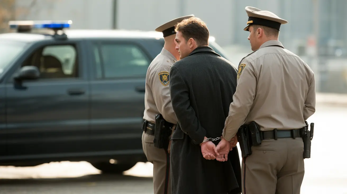 Deux agents des forces de l'ordre en uniforme escortant un individu menotté portant un manteau sombre près d'un véhicule de police