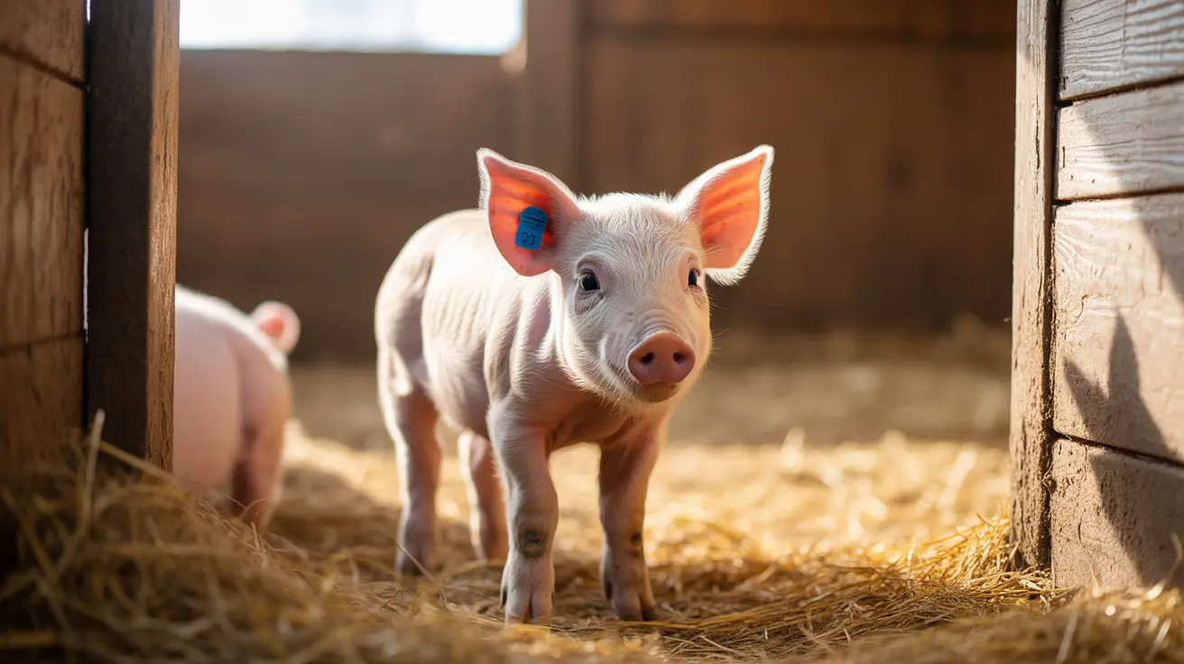青い耳タグをつけた若いピンク色の仔豚がわらの寝床がある木製の納屋の中に立っている様子