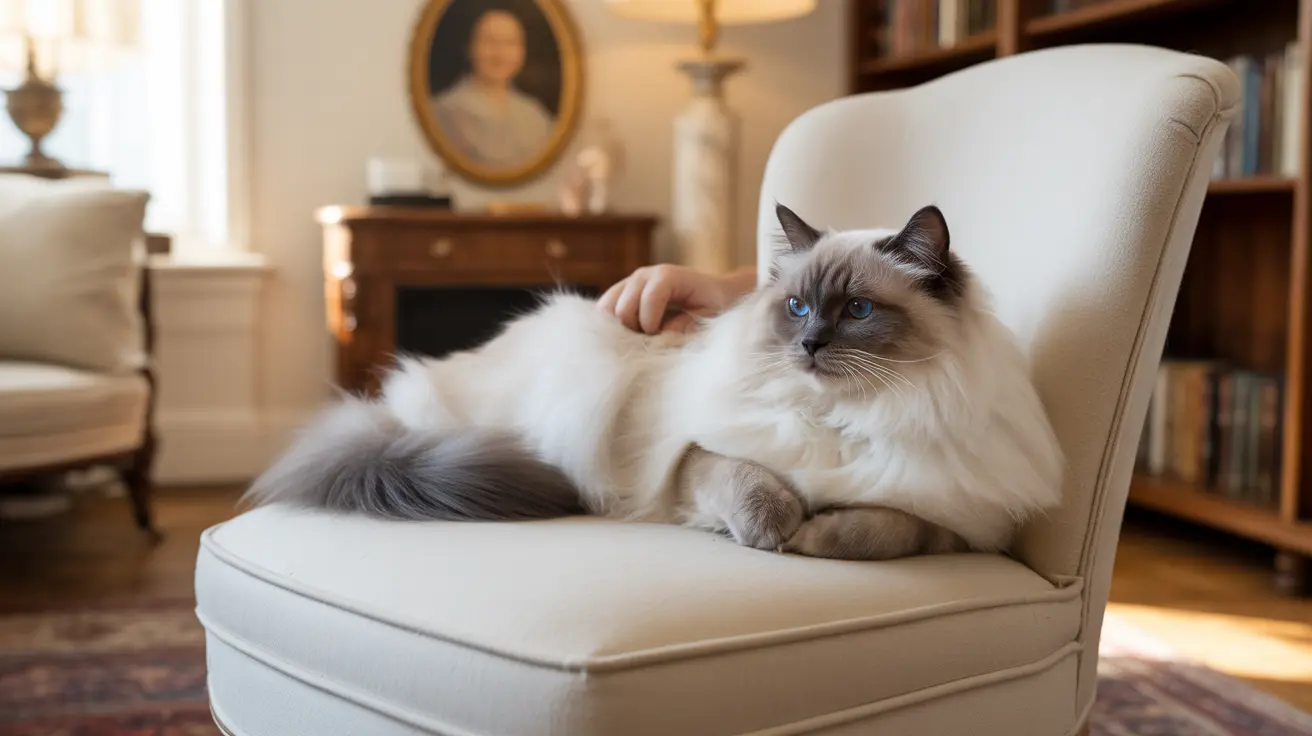 A luxurious Ragdoll cat resting on a cream-colored armchair in an elegant living room
