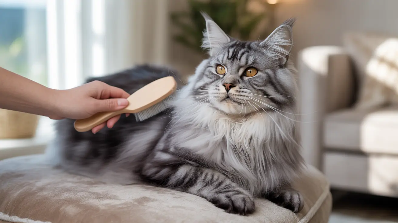 A majestic Maine Coon cat being brushed with a wooden brush by a hand
