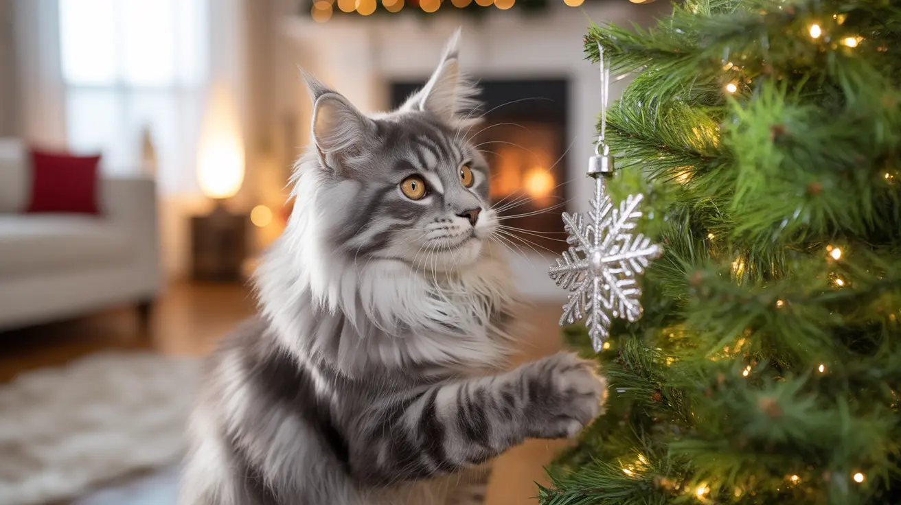 A majestic Maine Coon cat reaching towards a snowflake ornament on a decorated Christmas tree