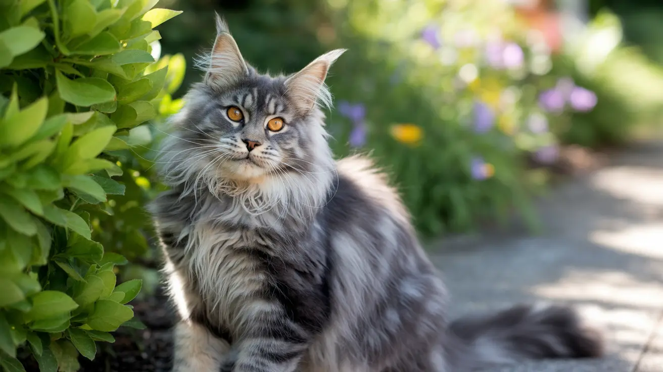 Majestic Maine Coon cat sitting near green foliage with a blurred garden background