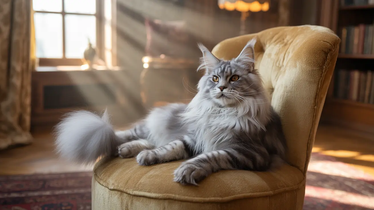 A majestic Maine Coon cat sitting elegantly on a golden-colored armchair in a cozy, sunlit room