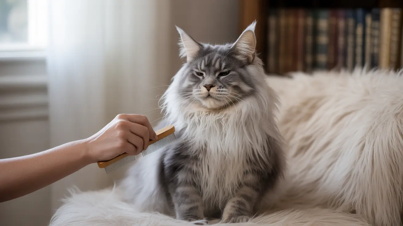 A fluffy Maine Coon cat being groomed with a comb on a soft white fur blanket