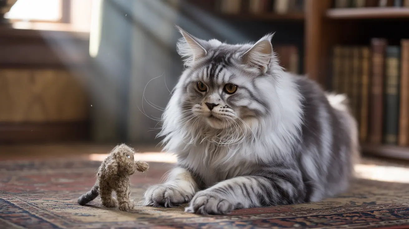 A fluffy Maine Coon cat sitting majestically on a patterned rug next to a small toy figurine