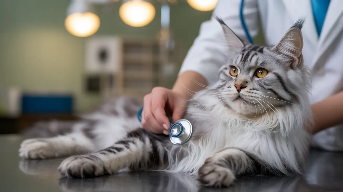 A fluffy silver tabby Maine Coon cat receiving a veterinary examination