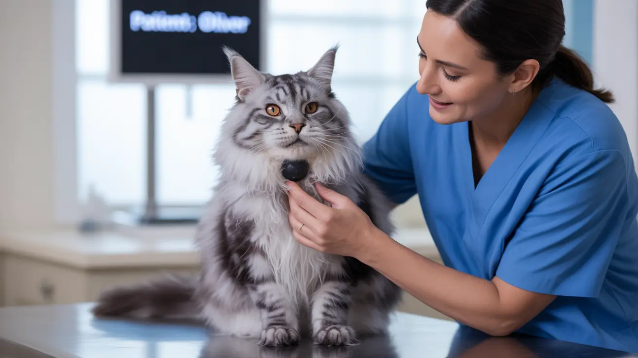 Un gato Maine Coon gris y blanco está siendo examinado por un veterinario en un entorno clínico.