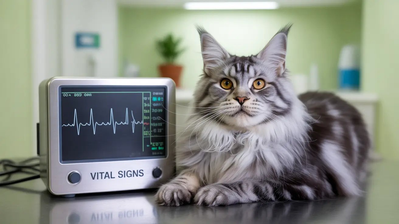 A large, fluffy Maine Coon cat sitting next to a vital signs monitor in a veterinary clinic setting