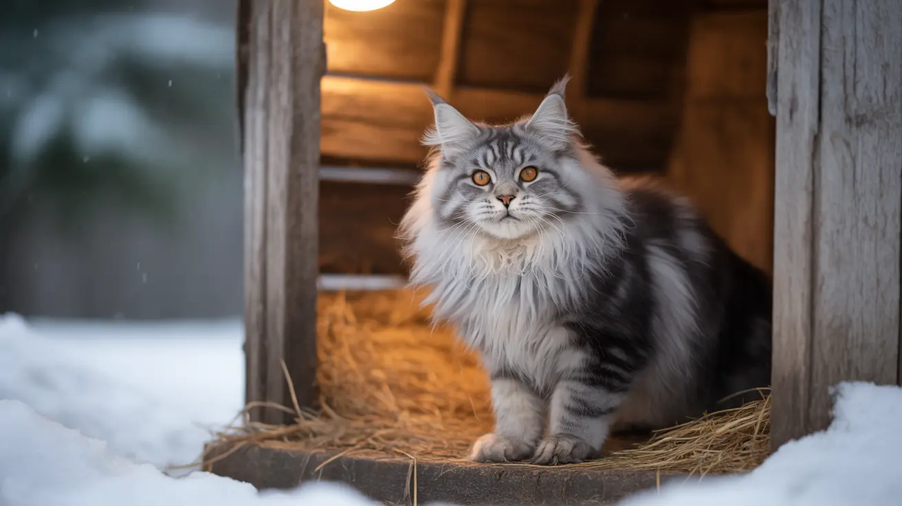 A fluffy Maine Coon cat steps into a straw-lined winter shelter.