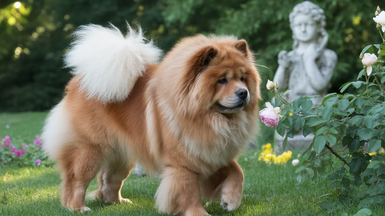 A majestic Chow Chow standing on a lush green lawn with a garden statue and rose bush in the background.