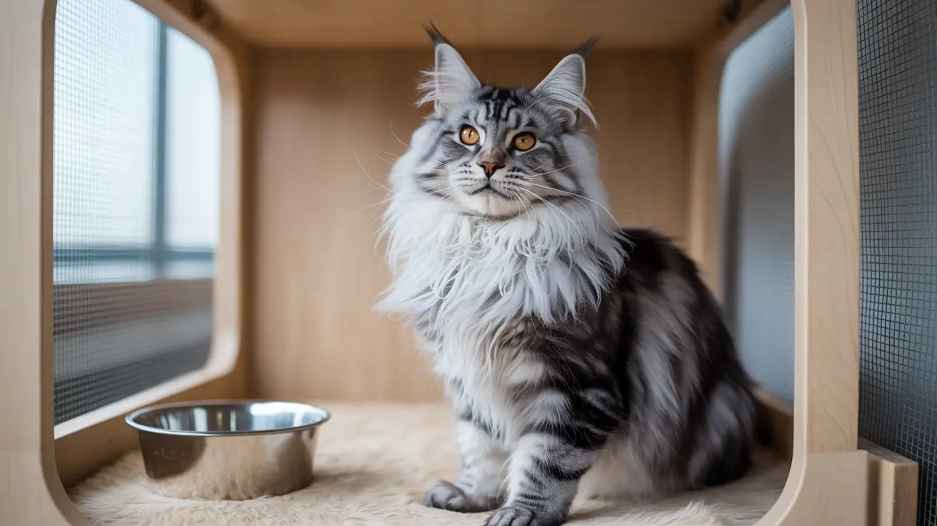 A majestic Maine Coon cat sitting in a wooden enclosure with a metal food bowl