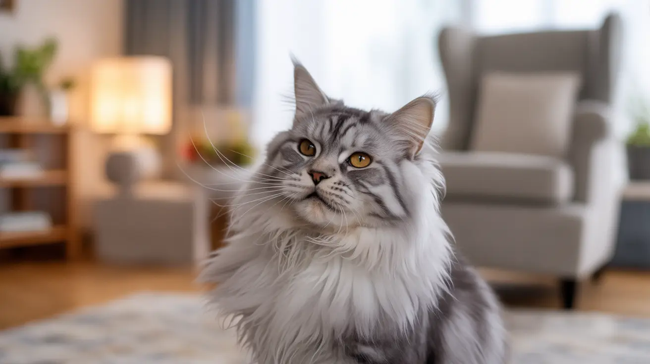 Majestic long-haired gray and white Maine Coon cat sitting regally on a soft area rug in a modern living room