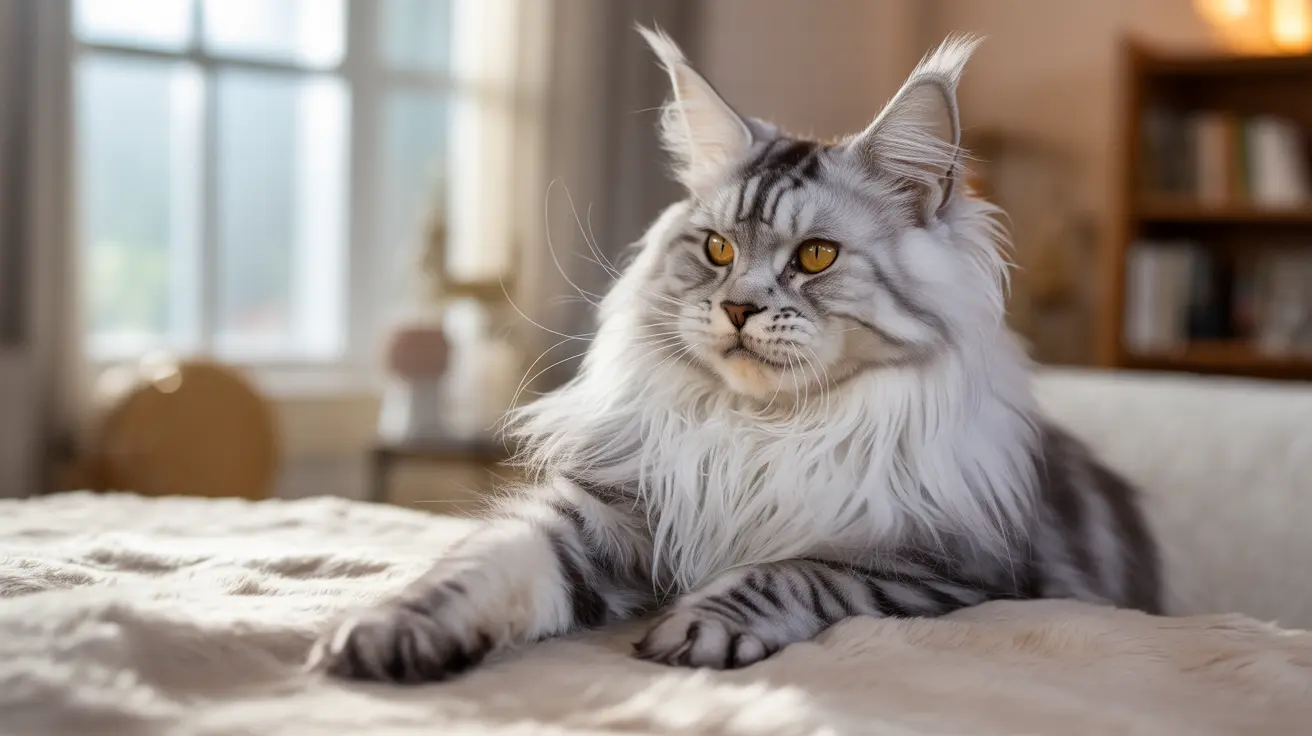 A majestic Maine Coon cat with silver and white fur sitting regally on a soft blanket near a window
