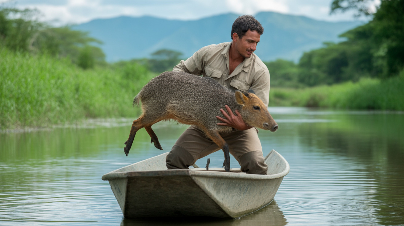 カーキ色の服を着た男性が小さなボートにひざまずきながらカピバラを抱え、周囲は緑豊かな植物に囲まれた静かな水面が広がっている様子
