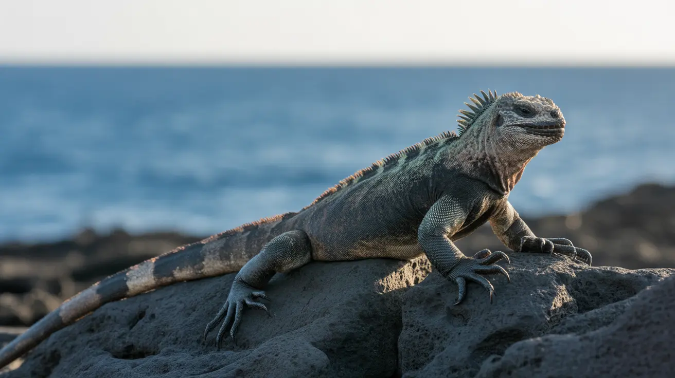 Um iguana-marinho tomando sol em um terreno rochoso costeiro com o oceano visível ao fundo.