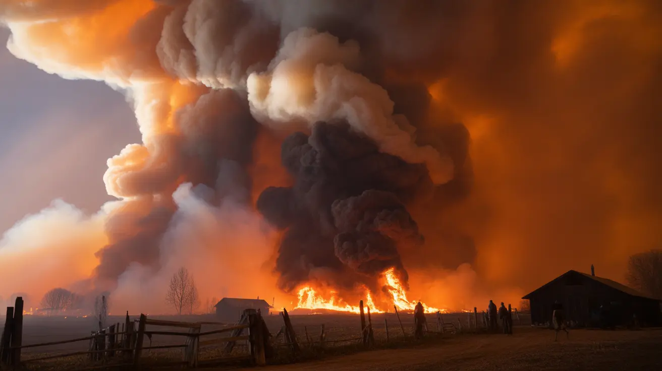 Smoke and flames rising from a fire destroying a rural home and farm buildings