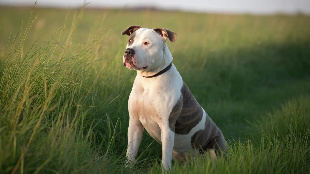 Un pit bull terrier blanco y marrón sentado alerta en hierba alta durante la luz de la hora dorada