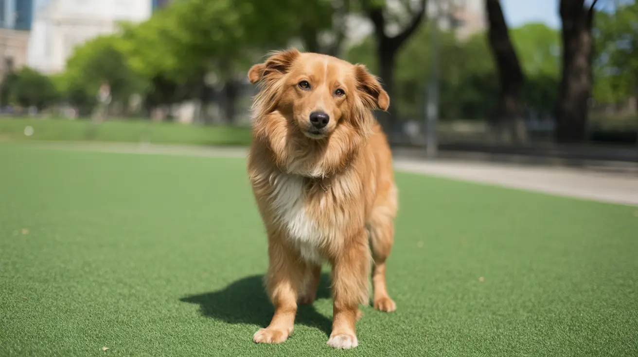 Dog walking on artificial turf in a city park