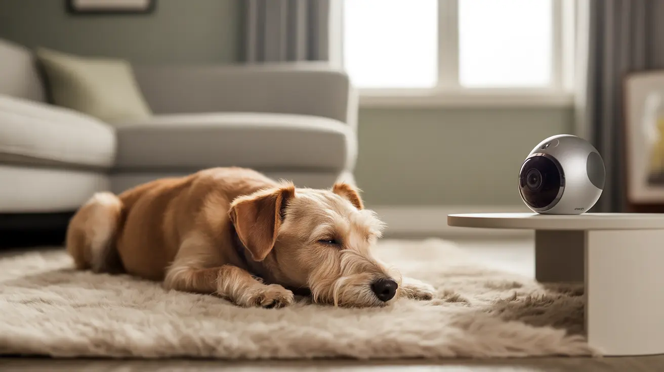 Un petit chien terrier allongé paisiblement sur un tapis moelleux dans un salon moderne à côté d'une caméra pour animaux