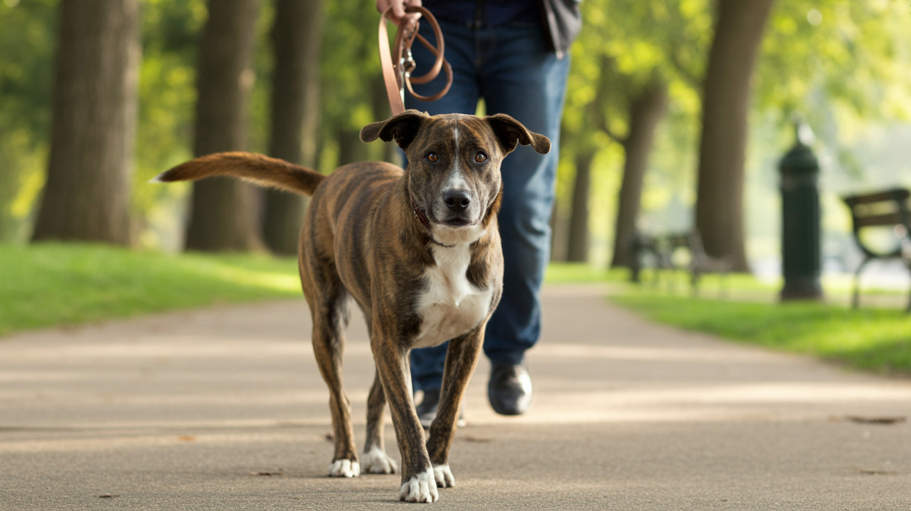 A dog on a leash walking in a public park in Jefferson Texas