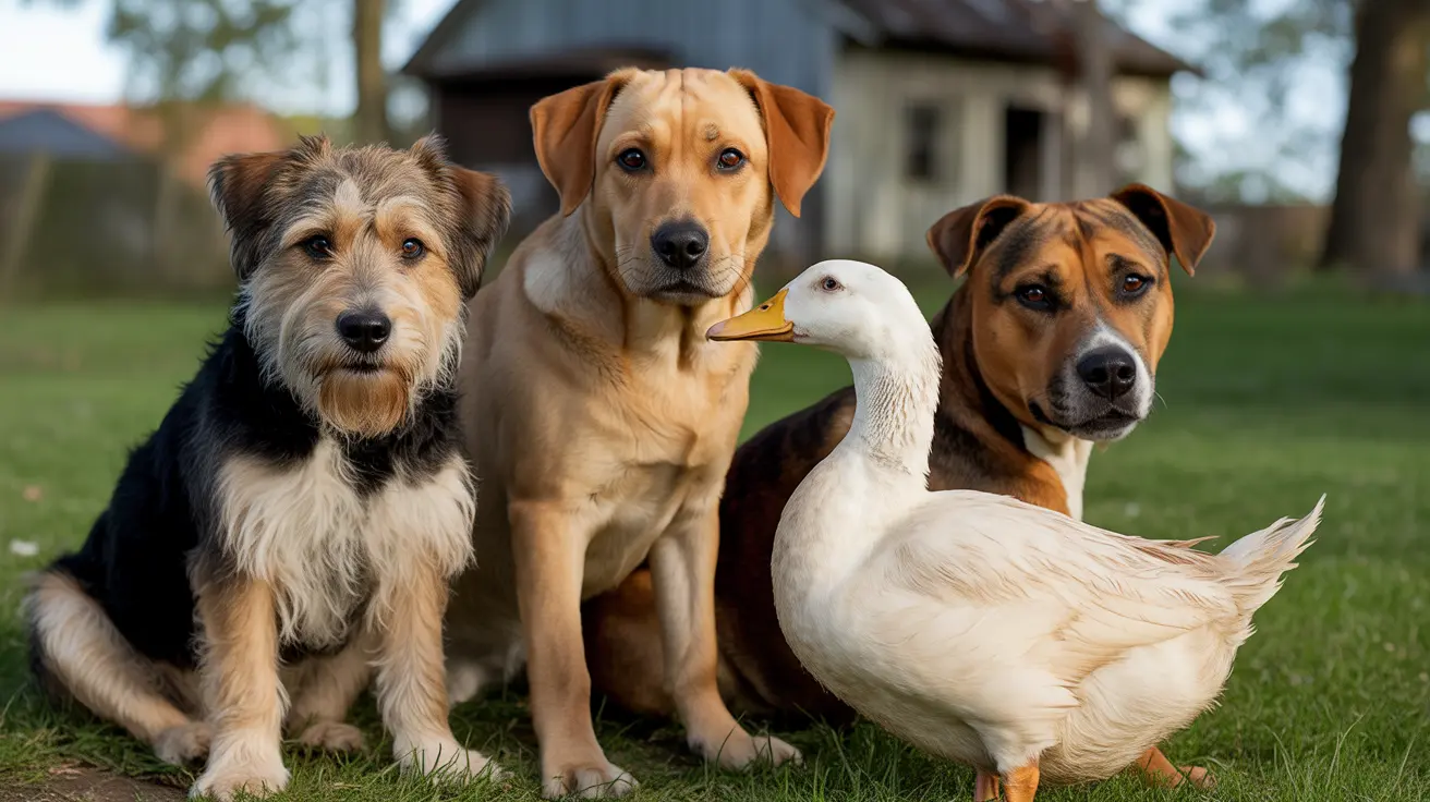 Trois chiens de différentes races assis ensemble avec un canard blanc sur une pelouse devant une maison