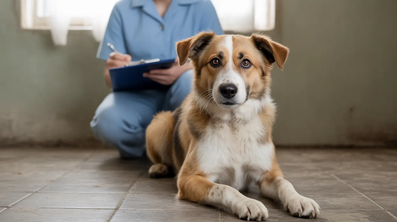 Un perro de raza mixta marrón y blanco descansando sobre un piso de baldosas en una sala de examen veterinario, con un veterinario vestido con uniforme azul sentado al fondo sosteniendo una tabla de notas.