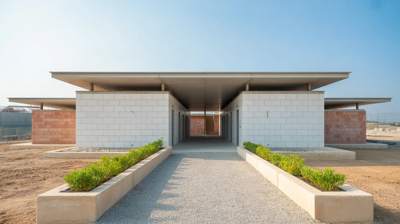 Un bâtiment moderne de plain-pied avec des lignes géométriques épurées, construit en blocs blancs et terre cuite sous un ciel bleu clair.