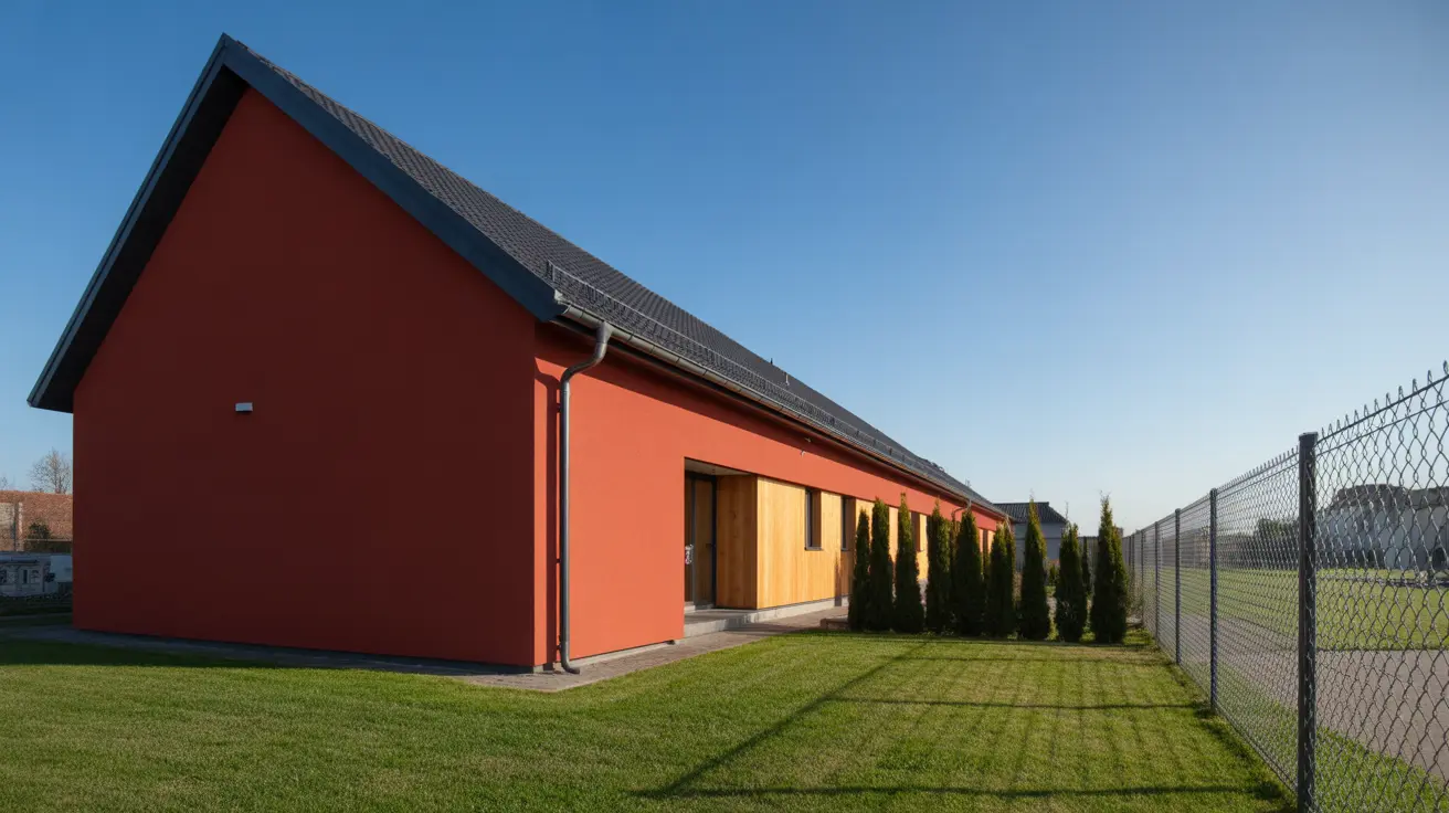 オレンジ赤色の外壁と木製の玄関扉を備えた現代的な平屋の家が、手入れの行き届いた芝生の上にあります。