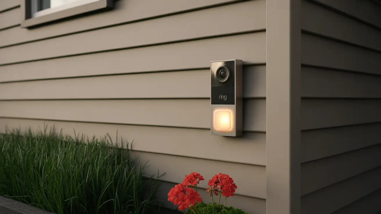 装飾的な植栽の隣に照明付きのボタンがあるベージュ色の壁材に取り付けられたリングドアベルカメラ