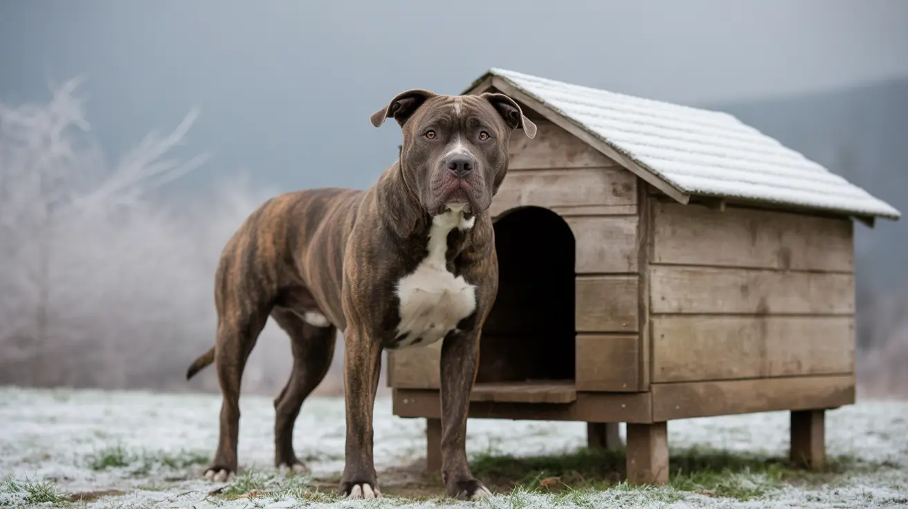 Insulated dog house providing shelter during cold winter weather with a raised floor and weatherproof design
