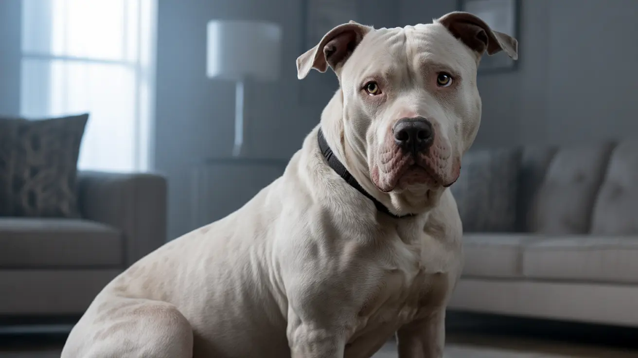 白と茶色のアメリカン・ピット・ブル・テリアが黒い首輪を着けて、モダンなリビングルームで落ち着いて座っている様子