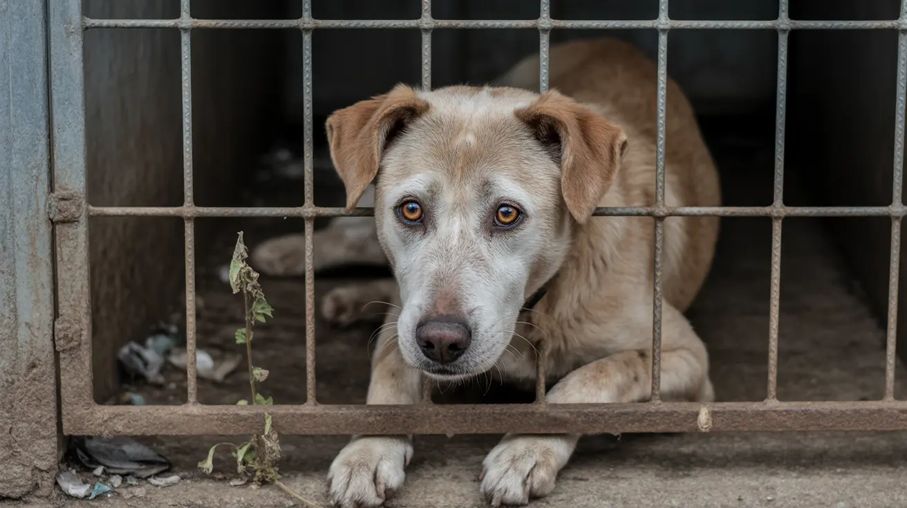 琥珀色の目を持つ黄褐色と白色のミックス犬が金属製のケージの格子越しに見ています。