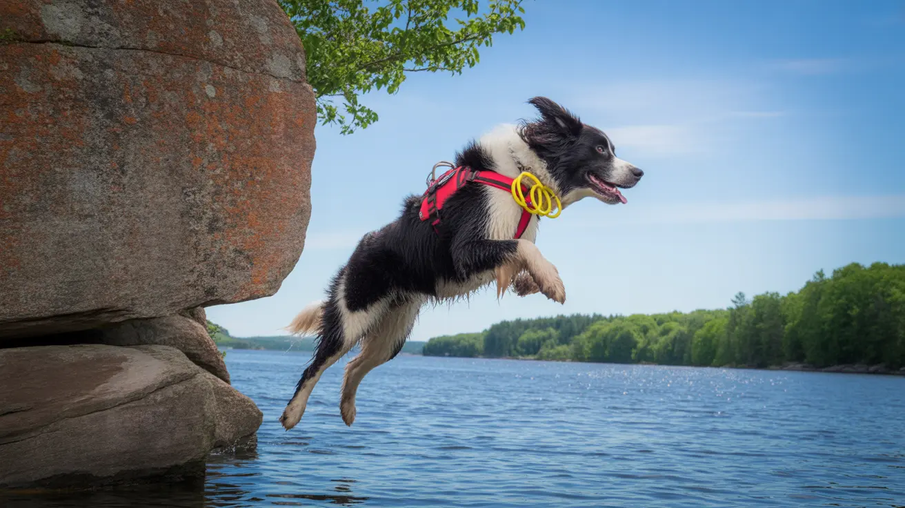 Un Border Collie que lleva un arnés rojo salta desde un acantilado rocoso hacia un lago azul rodeado de un bosque verde.