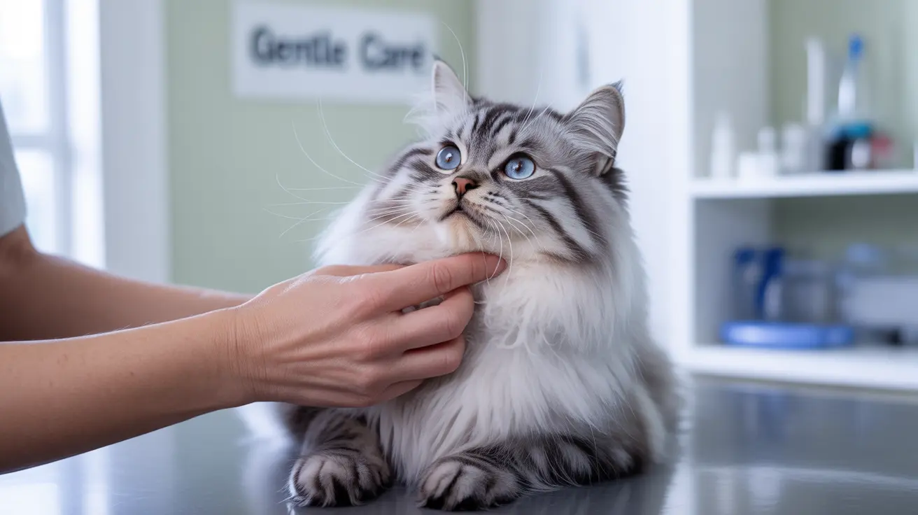 A fluffy white and gray Norwegian Forest Cat receiving gentle chin scratches at a veterinary clinic