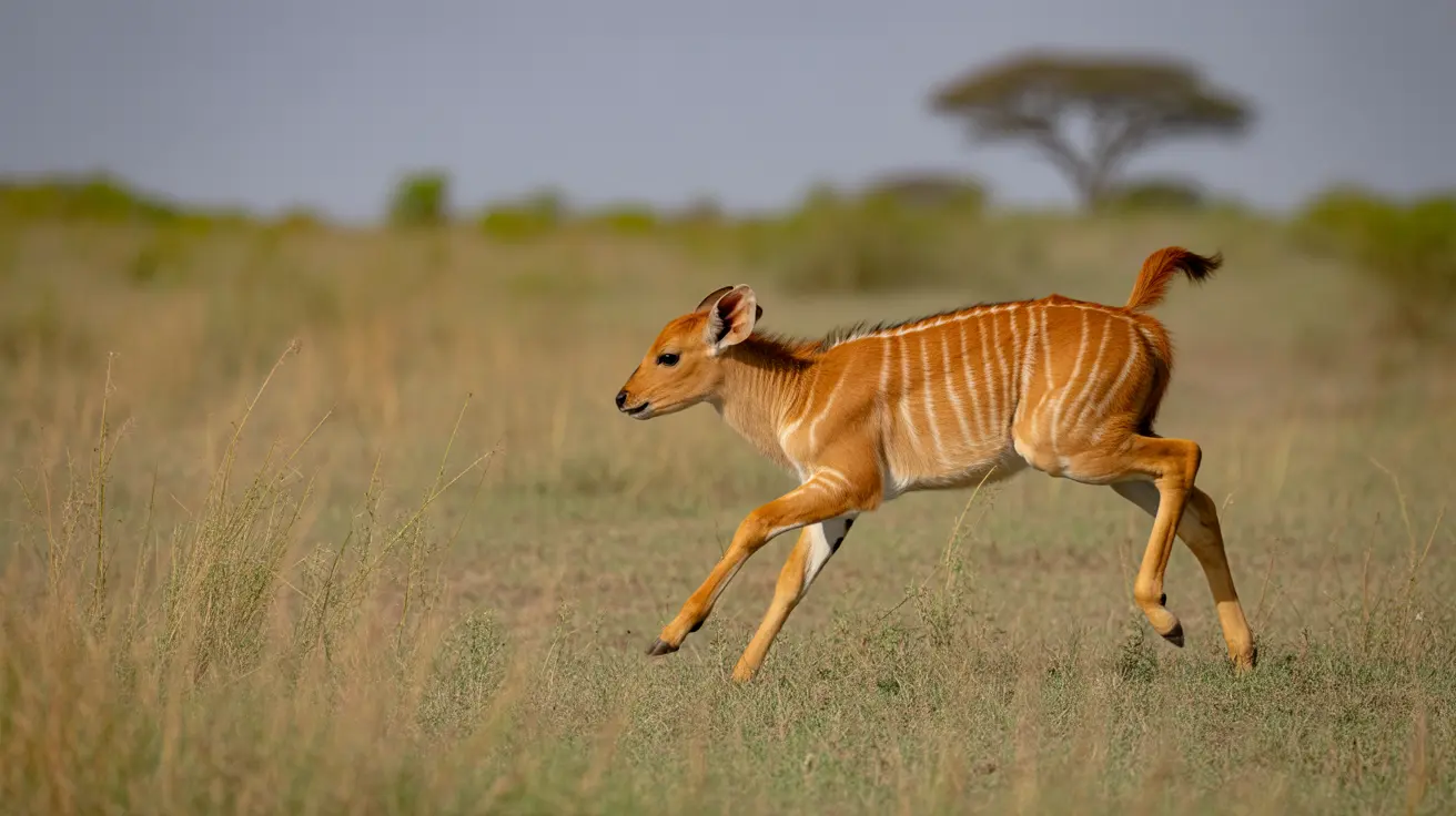 Una joven antílope con distintivas rayas blancas que atraviesa una sabana africana de pastizales.
