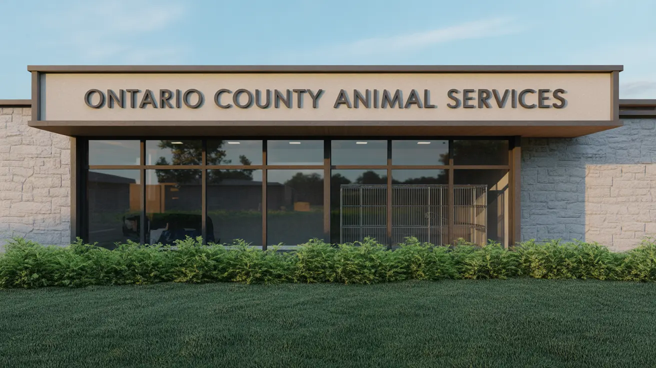 La fachada frontal del edificio de los Servicios para Animales del Condado de Ontario con grandes ventanas y arquitectura moderna