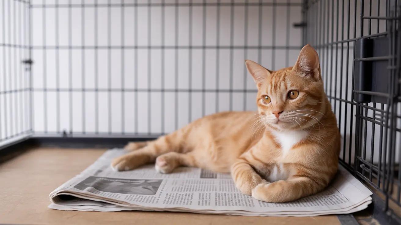 Un gato atigrado naranja acostado cómodamente sobre un periódico junto a una jaula de alambre en un ambiente interior.