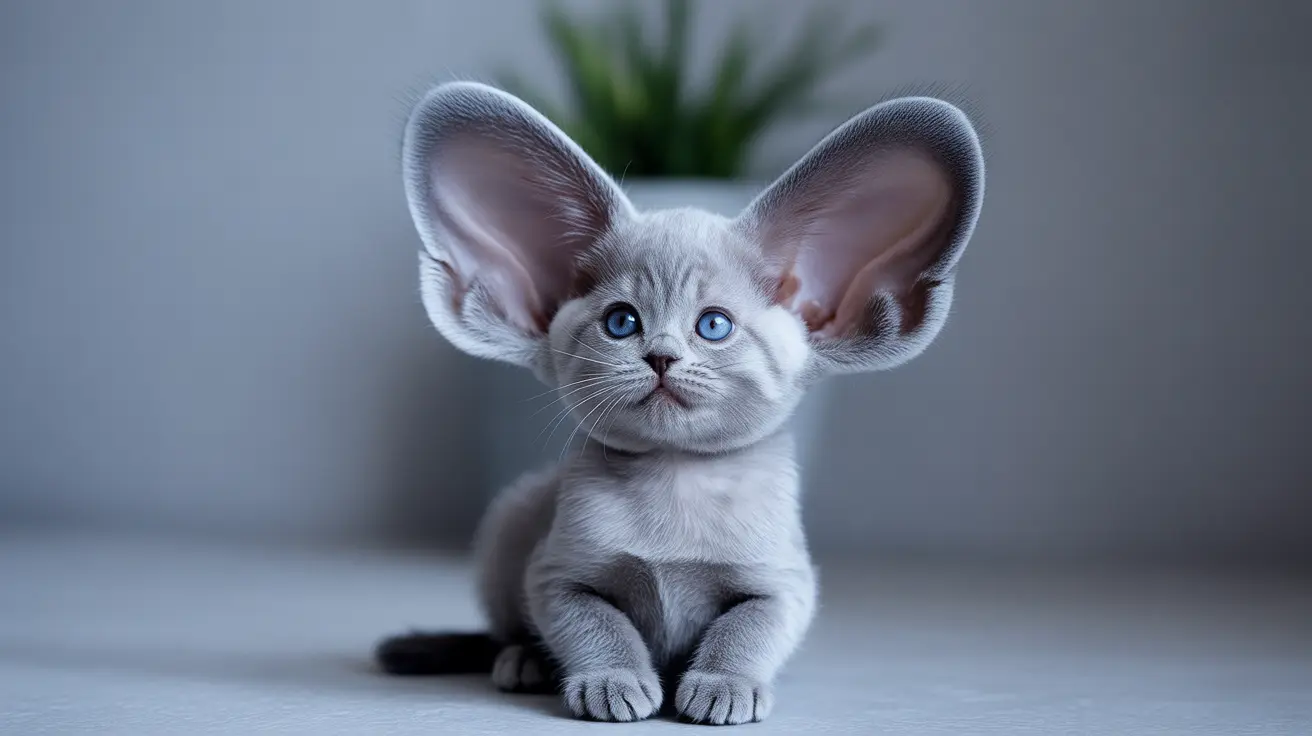 An adorable Oriental Shorthair kitten with large ears and bright blue eyes sitting attentively.