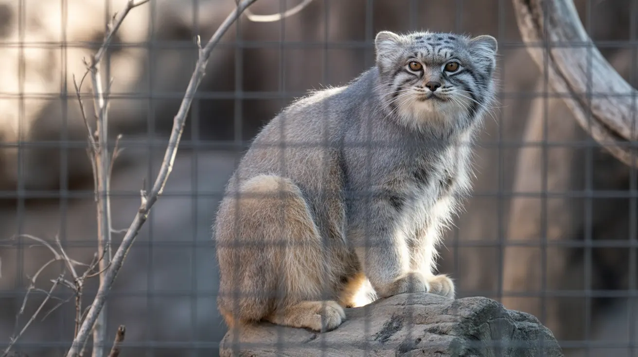 Un pequeño gato salvaje con pelaje gris y marrón esponjoso sentado alerta sobre una roca en lo que parece ser un recinto de zoológico.
