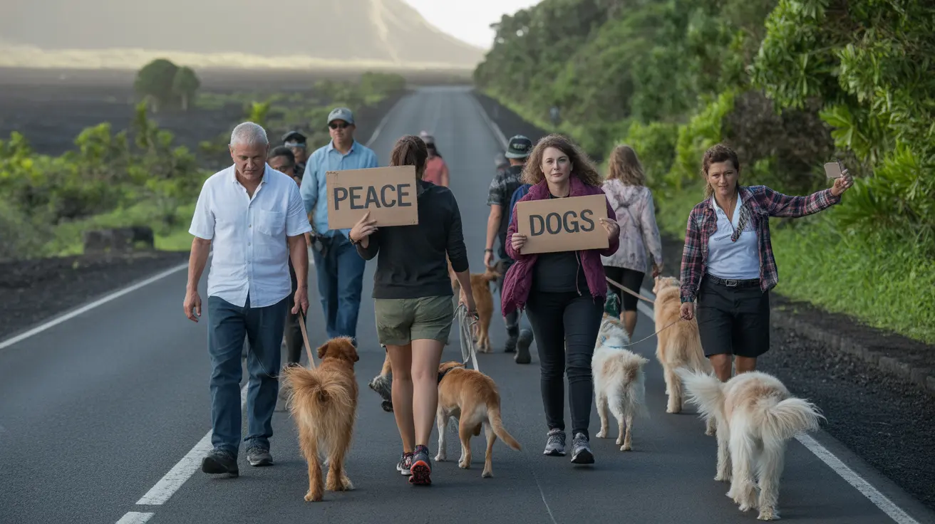 Community members walking dogs in the rain during the Aloka the Peace Dog Walk for Peace in Volcano, Hawaii