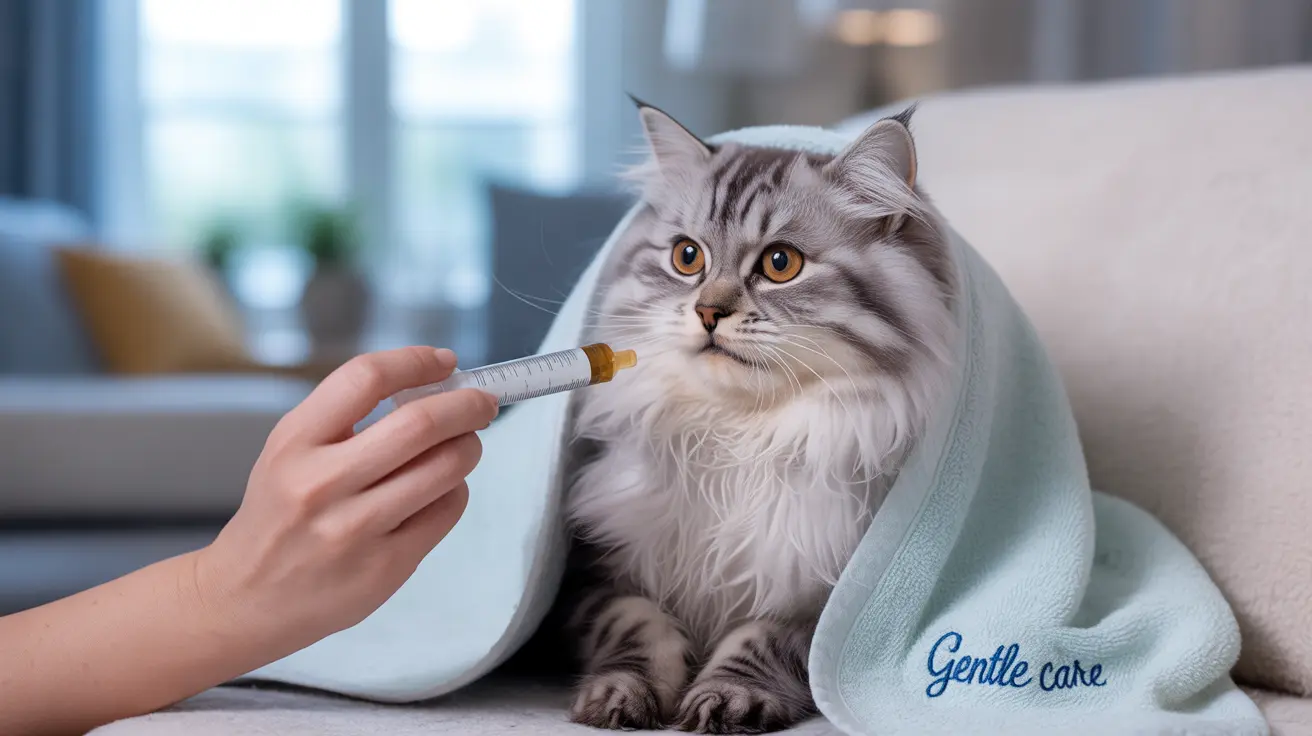 A fluffy gray and white Persian cat being medicated with a syringe wrapped in a blue blanket
