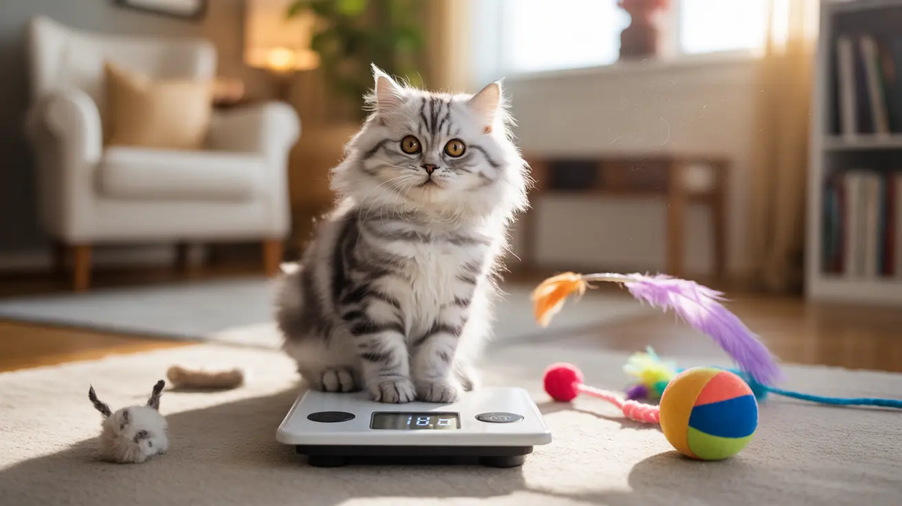 Un chat persan blanc et gris et duveteux assis sur une balance numérique, entouré de jouets colorés dans un salon confortable