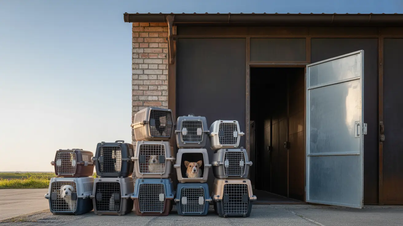 Multiple dogs sitting inside stacked pet transport carriers outside a brick and metal building