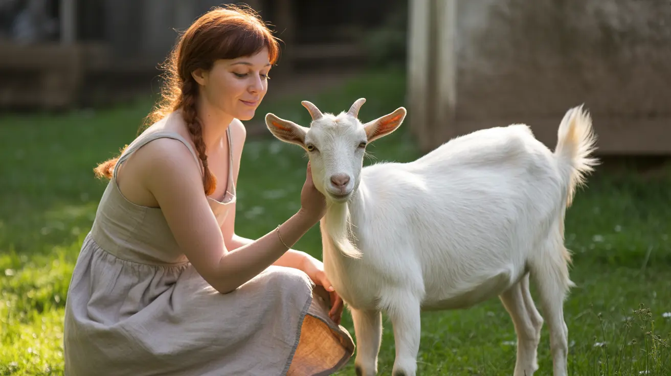 Una mujer con un vestido beige arrodillada sobre la hierba mientras acaricia suavemente una cabra blanca en un entorno al aire libre soleado.