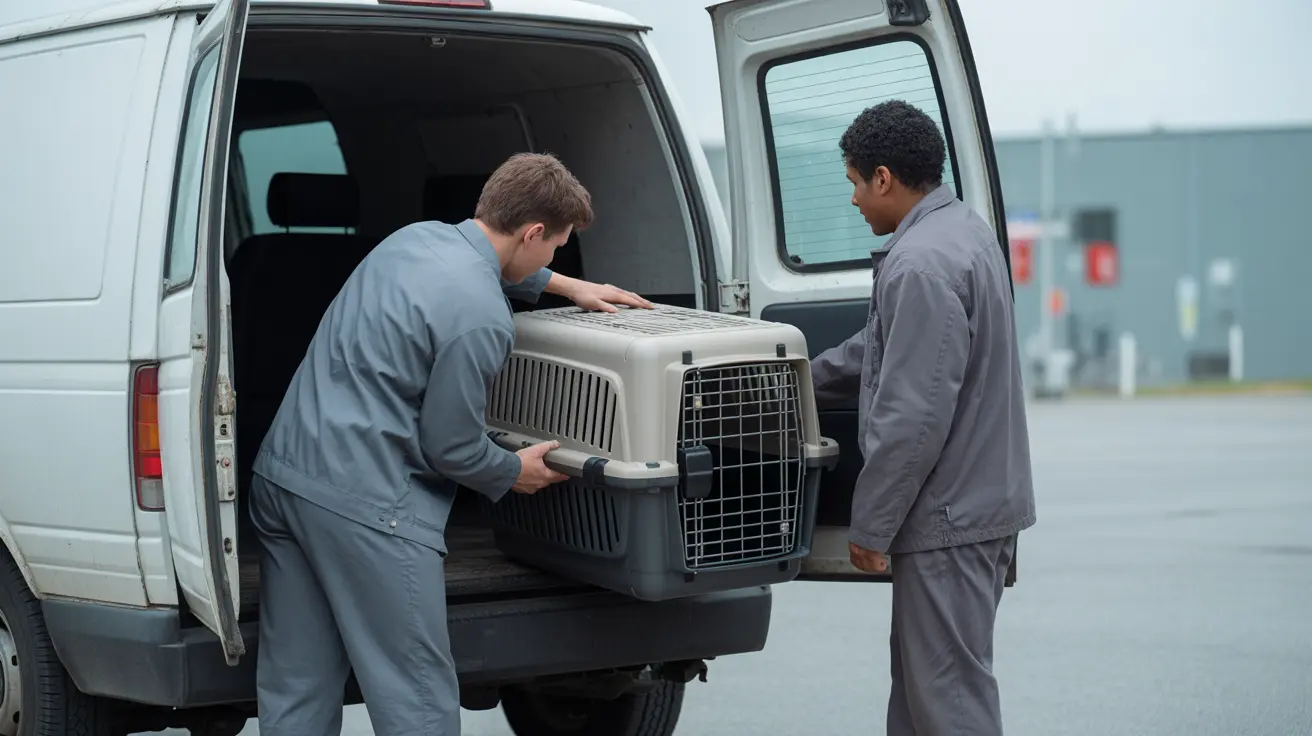作業服を着た二人の男性が、白いバンの後部から大型のペットキャリーを慎重に降ろしている様子
