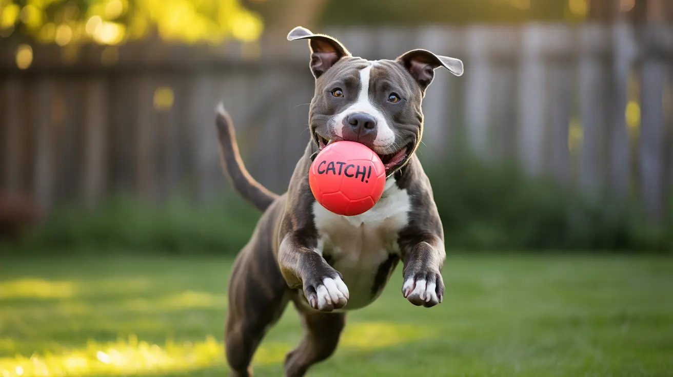 An energetic Pit Bull leaping mid-air while catching a bright red ball in a backyard